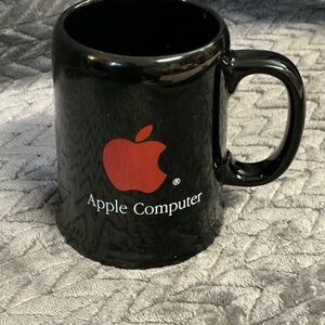 vintage apple computer coffee, mug, black with red logo.